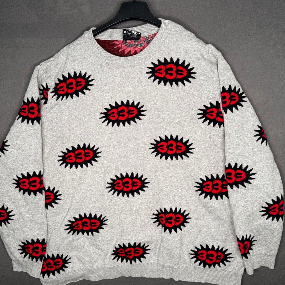 333 Half Evil All Over 333 Knit Sweater Crewneck Gray Red Black‎ 2XL Streetwear